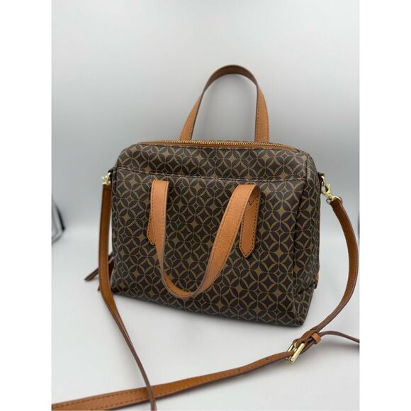 Fossil Womens Brown Print Leather Crossbody Satchel Bag - Picture 1 of 9